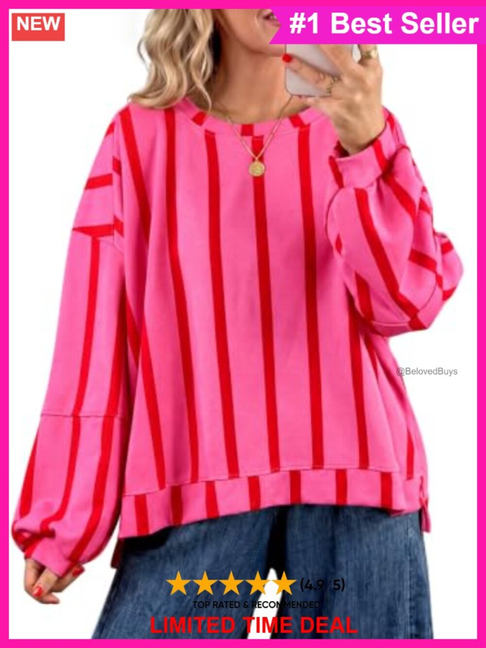 Oversized Striped Long Sleeve Sweatshirt Color Block Crew Neck Pullover